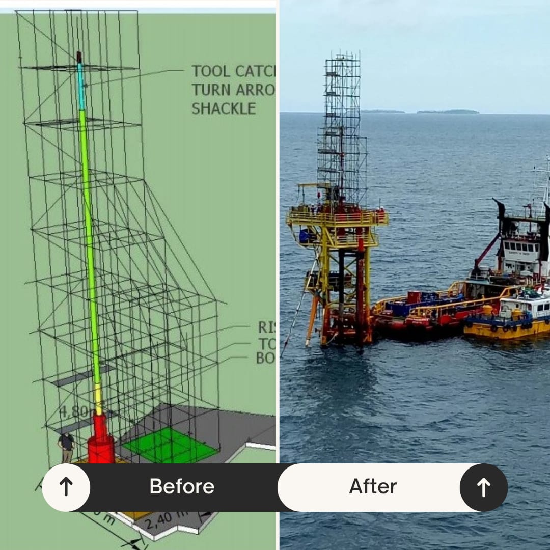 Perbandingan desain scaffolding digital 3D dengan hasil instalasi di lapangan.